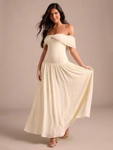 Enchnt 法式优雅露肩连衣裙，修身褶皱连衣裙，度假风 - 杏色 - 查看 6