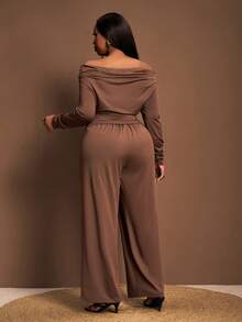 Slaydiva Plus Size Solid Color Casual Minimalist Off-Shoulder Long Sleeve Top And Pants 2-Piece Set - Coffee Brown - View 3