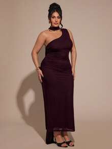 SHEIN BAE Plus Size Women Dark Purple Solid Color Sleeveless Ruched Fitted Fashion Dress,Summer Elegant Formal Gown For Wedding Guest,Birthday,Valentine's Day - Brown - View 6