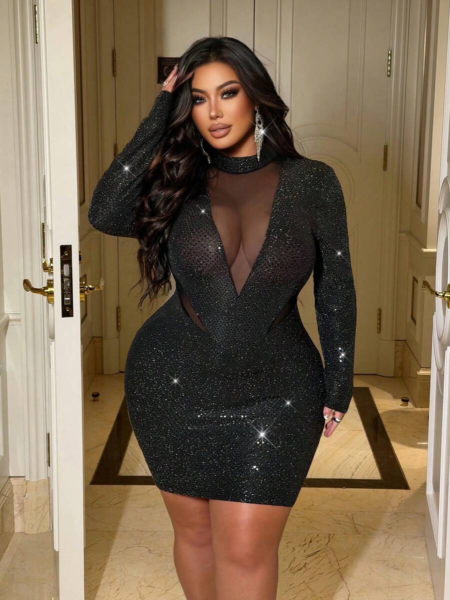 NU&NOW Váy ôm sát gợi cảm cổ đứng khoét sâu bằng vải dệt kim co giãn bóng cỡ lớn dành cho nữ, thích hợp cho tiệc tùng, ngày lễ, hẹn hò - màu đen - Xem 1