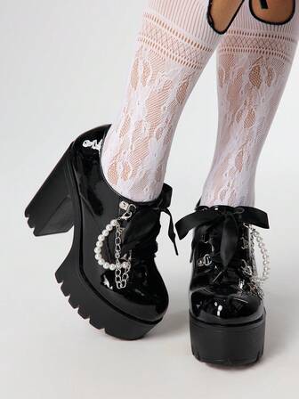 Women's Fashion Thick Sole Chunky Heel Lace-Up Loafers, Sexy Patent Leather Closed Toe Round Toe Metal Chain Pearl Decor Pumps, Commute & Party High Heel Mary Jane Shoes