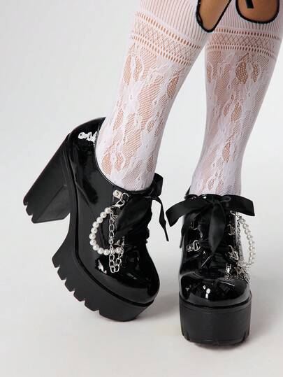 Women's Fashion Thick Sole Chunky Heel Lace-Up Loafers, Sexy Patent Leather Closed Toe Round Toe Metal Chain Pearl Decor Pumps, Commute & Party High Heel Mary Jane Shoes
