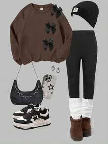 Elladie kids Cozy Fall & Winter Styles, Young Girls Casual Fashion Creative Personalized Refreshing Minimalist Cute Black Bow Pattern Print Sweatshirt And Leggings 2-Piece Outfit, Comfortable Outfit - Multicolor - View 4