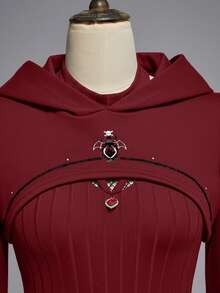 ROMWE Gothic Witch Costume Set - Black Witch Hat, Hooded Sweatshirt, And Off-Shoulder Dress - Burgundy - View 3