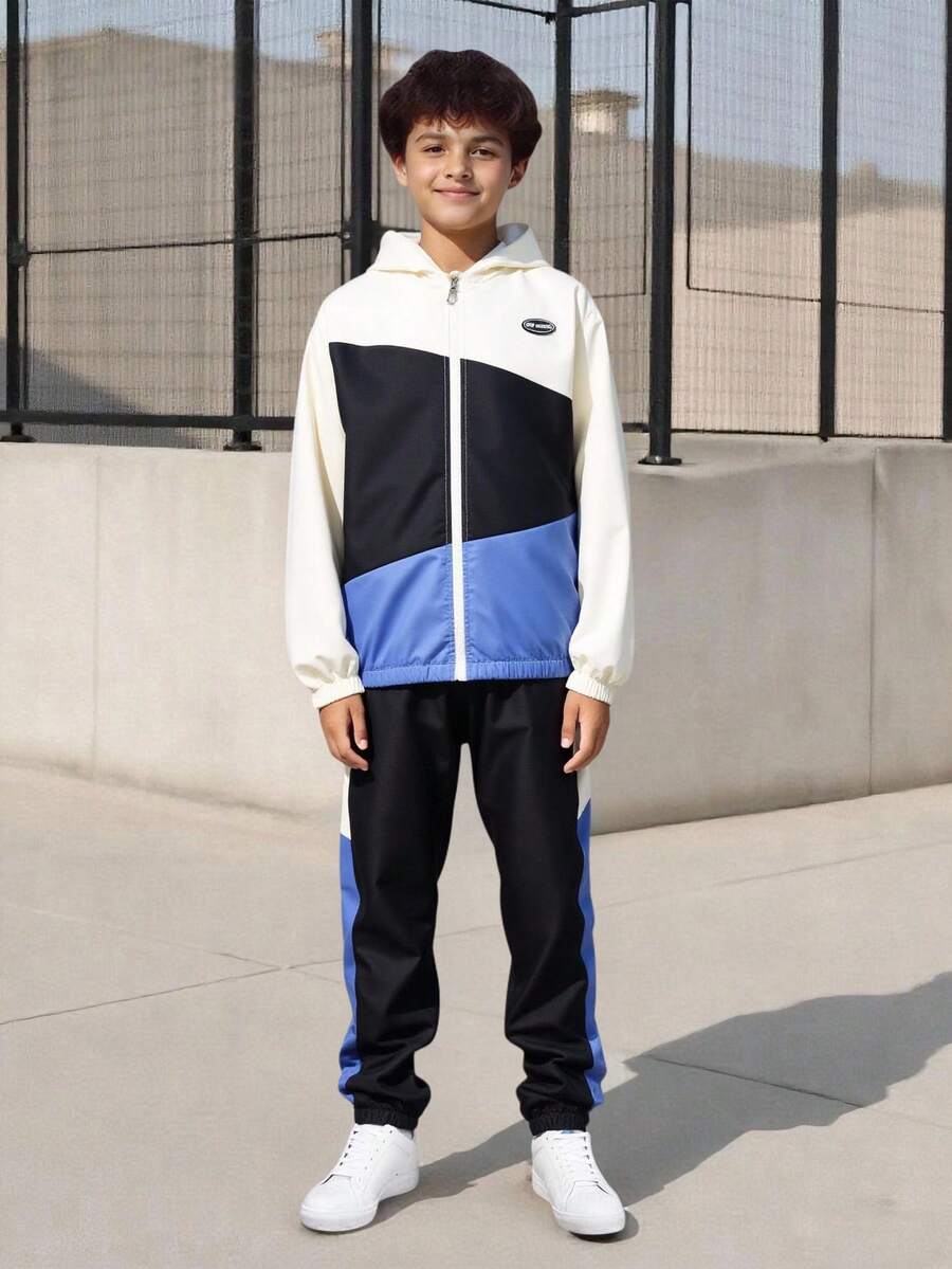 SHEIN Vacaura Conjunto de chándal estampado para niños preadolescentes, chaqueta con capucha con bloques de color contrastante y cremallera, y pantalones de cintura elástica, 2 piezas, ropa deportiva casual para primavera y otoño - Multicolor - Ver 1