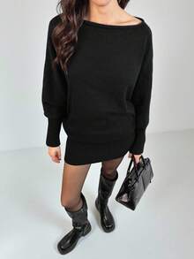 SHEIN Tall Vestido de suéter ajustado de manga larga negra con hombro asimétrico y cintura entallada, de estilo Y2K versátil, para uso casual/diario, con estética vintage estadounidense para otoño/invierno - Negro - Ver 4