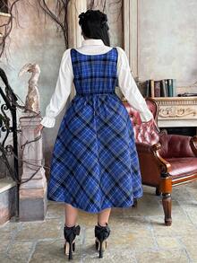 Lyrianda Đầm midi chữ A cổ bẻ hở nửa phía trước cỡ lớn dành cho nữ 2 trong 1 họa tiết kẻ caro đỏ tương phản cài nút thanh lịch phong cách cổ điển thường ngày - Màu xanh lam - Xem 2