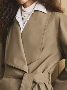 GENKIRA 女士开襟腰带系带插肩袖袖袢日常通勤风衣秋冬休闲款 - 卡其色 - 查看 8