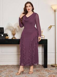 Modelyn Plus Size Dark Purple,Autumn,Elegant,Formal Dress,Mesh Scoop Neck Ruffle Hem Bodycon Plum Rouche Long Sleeve Curve Dress For Women - Hot Pink - View 5