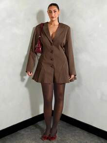 SHEIN BAE 秋冬季大码优雅通勤褶裥前开襟纽扣连衣裙 - 棕色 - 查看 3