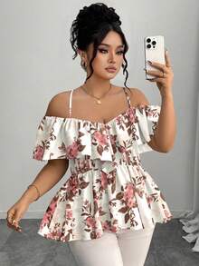 Elenzga Bluză elegantă, mărime mare, cu umeri goi, cu volane, în formă de A, primăvară/vară