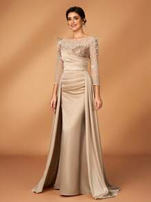 Serin Váy dài đuôi cá tay bèo nhún đính cườm, đá giả, kim sa và satin theo phong cách Trung Đông & Châu Âu, sang trọng, thanh lịch, phù hợp cho đám cưới, tiệc tùng, kỳ nghỉ, dạ hội, tiệc chia tay cuộc sống độc thân, váy cho mẹ cô dâu - Rượu sâm banh - Xem 8