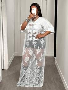 Slaydiva 2025春夏新款街头运动休闲针织衫，夜店连衣裙，女士夜店装扮，性感透视蕾丝拼接黑色数字印花长裙，大码 - 白色 - 查看 5