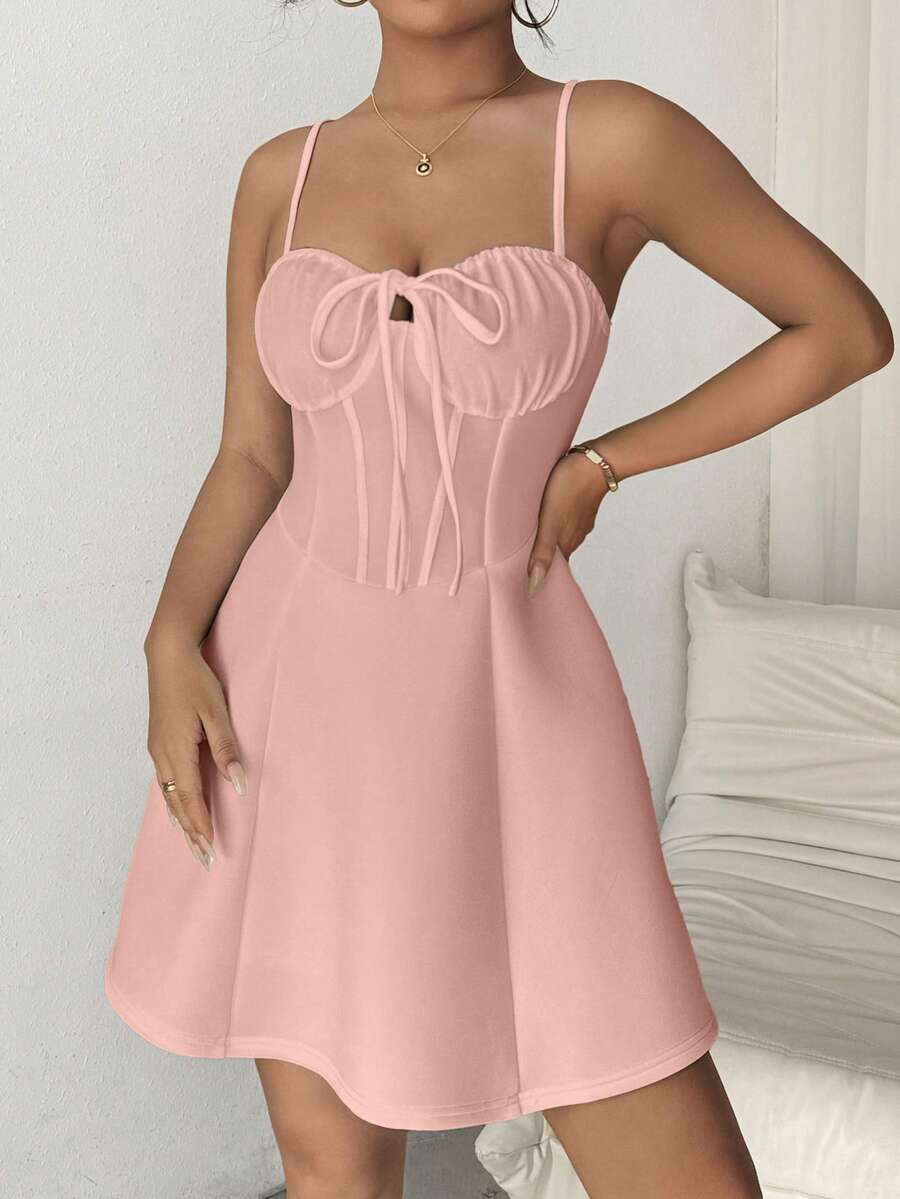 Chiquease Women's Solid Color Ruffle Front Tie Casual Spaghetti Strap Dress, Summer - Pink - View 1