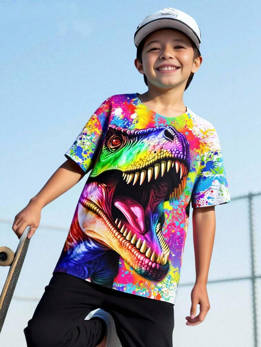 SHEIN Fantacosmos Tween Boy Round Neck 3D Dinosaur Graphic Short Sleeve T-Shirt, Summer - White - View 1