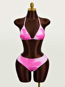 Zestiva 女士印花露背系带性感比基尼三件套，海滩度假 - 玫紅色 - 查看 5