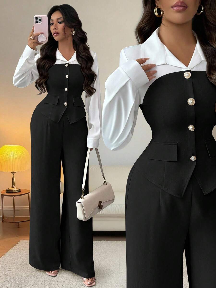 SHEIN Elenzya 新款秋季休闲时尚通勤优雅套装，二合一珍珠纽扣领拼接修身开衩长袖衬衫+松紧腰阔腿裤，适合教师节、节假日、独立日等场合。 - 黑色 - 查看 1