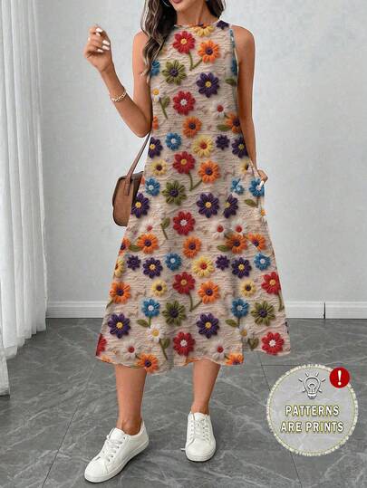 EMERY ROSE Plus Size Women Casual Vintage Colorful Floral Print Mid-Length Dress, Suitable For Spring/Summer, Music Festivals, Parties, Sleeveless Maxi Dress Summer Dress Flowery Dress