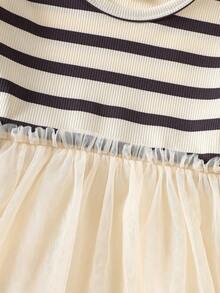 SHEIN Baby Girl Casual Striped Contrast Mesh Round Neck Long,Christmas Family Gathering Sleeve Dress, Autumn,Christmas Family Gathering Baby Striped Dress Baby Elegant Dress Party Baby Girl Long Sleeve Dress Beige Dresses For Baby Girls - White - View 5