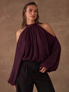 SHEIN BAE Women's Fashion Solid Color Open Shoulder Long Sleeve Blouse - Brown - View 6