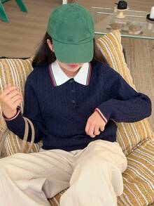 DAZY 少女条纹高领长袖休闲毛衣，秋冬季 - 藏蓝色 - 查看 6