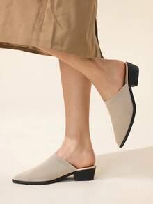 CUCCOO BASICS Women's Pointed Toe Chunky Heel Knit Fabric Comfortable Breathable Mule Slip-On Shoes, Casual Commuting Wear - Apricot - View 3