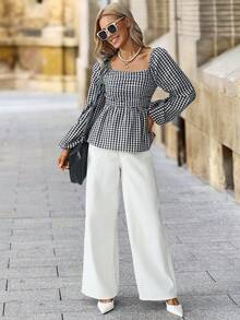 Solivie 女士格子印花荷叶领休闲长袖衬衫，适合秋冬、新年和圣诞节穿着。 - 黑與白 - 查看 3