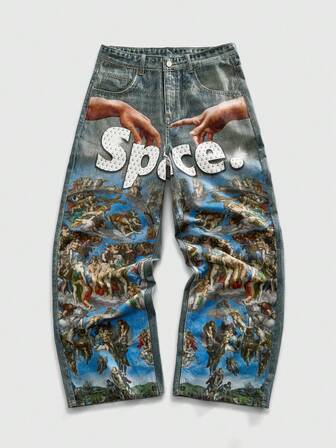 Men's Letter Gesture Pocket Wide Leg Loose Casual Jeans