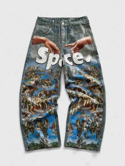 Jeans amples et décontractés à jambe large avec motif de geste de lettre pour hommes
