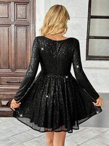 Chiquease Women's Fashion Party Sequin Sweetheart Collar Long Sleeve Mini Dress - Black - View 2