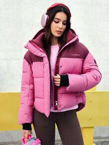 SHEIN Core Rhythm Áo khoác thể thao nữ có mũ, phối màu, dày dặn, màu hồng cánh sen, kiểu dáng thời trang, áo khoác phồng mùa đông cho nữ. - Màu Hồng Tươi - Xem 1