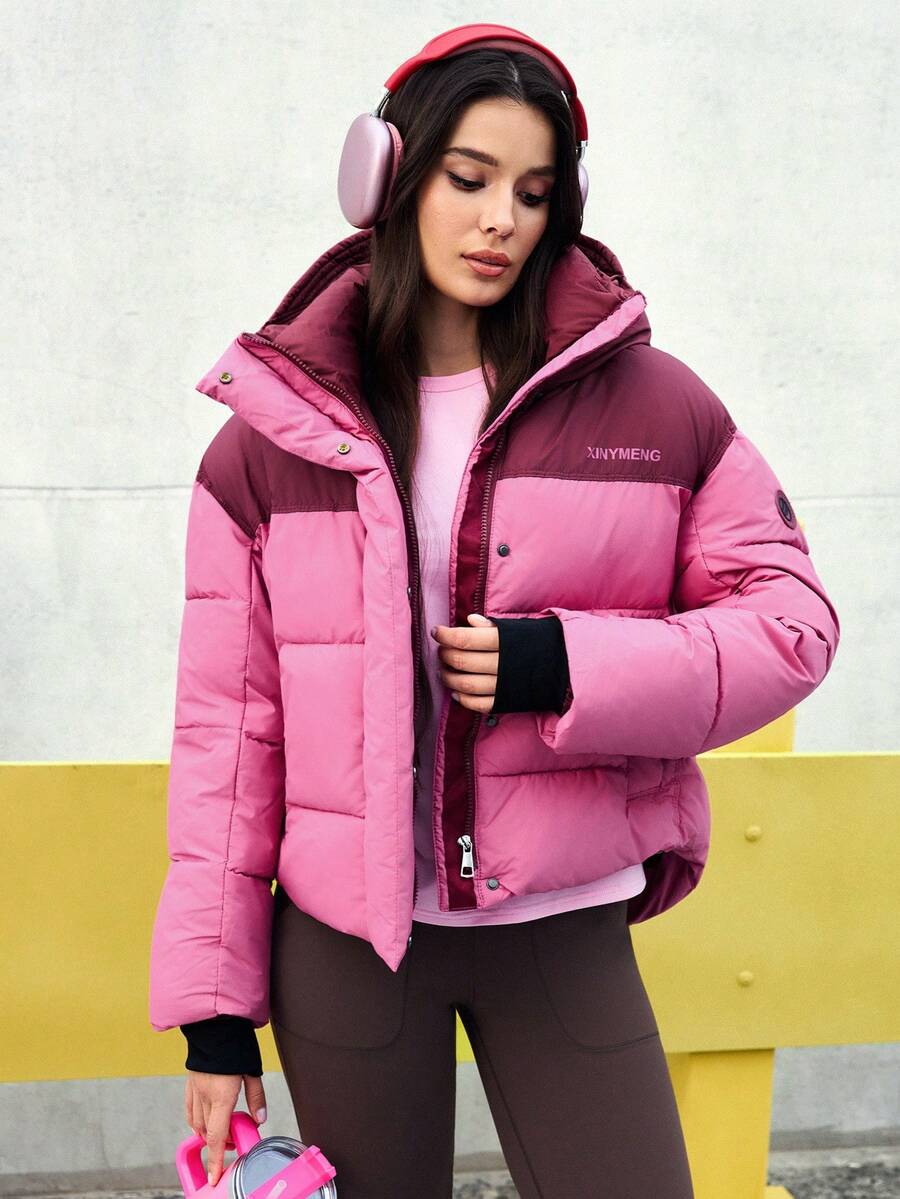 SHEIN Core Rhythm Áo khoác thể thao nữ có mũ, phối màu, dày dặn, màu hồng cánh sen, kiểu dáng thời trang, áo khoác phồng mùa đông cho nữ. - Màu Hồng Tươi - Xem 1