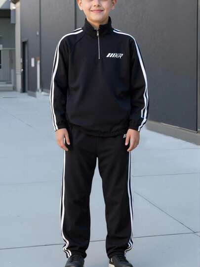 SHEIN 2 件套青少年男孩休闲运动套装：插肩袖立领拉链夹克（带装饰带）和松紧腰裤