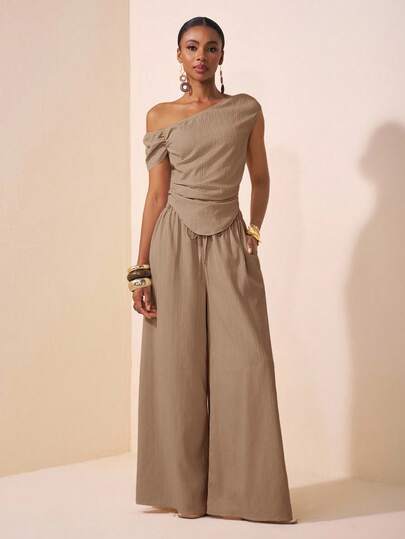 Zivah 2025 Spring/Summer New Music Festival, Easter, St. Patrick's Day, Western, Nomadic, Birthday Party, Graduation, College Style, Student Wear, Casual Everyday, All-Match Versatile, Leisure, Cruise Travel, Beach, Sunbathing, Viral , Streetwear, Wedding Guest Boho, Commute, Brunch, Airport Outfit Apricot Asymmetric Shoulder Ruched Curved Hem Cropped Top And Wide Leg Pants Pocketed 2-Piece Textured Fabric Set