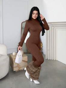 SHEIN SXY 秋冬款白色羊毛踝袖高领长袖连体衣 - 巧克力棕 - 查看 4