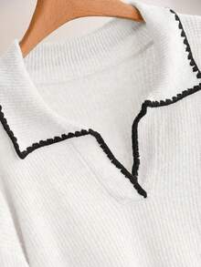 CosyJoli Plus Size Casual Color Block Trim V-Neck Pullover Sweater/Winter - White - View 4
