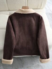 Franclia 女士休闲落肩拉链领长袖外套，带口袋，仿麂皮绒和泰迪绒面料，双色棕色，冬季款