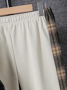 SHEIN Vacaura 2 件套大男孩休闲格子拼布连帽运动衫和抽绳运动裤套装，春/秋/冬 - 杏色 - 查看 4