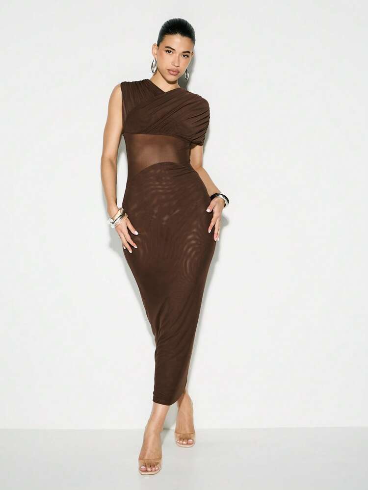 KIZN Ruched Wrap One Shoulder Midi Dress