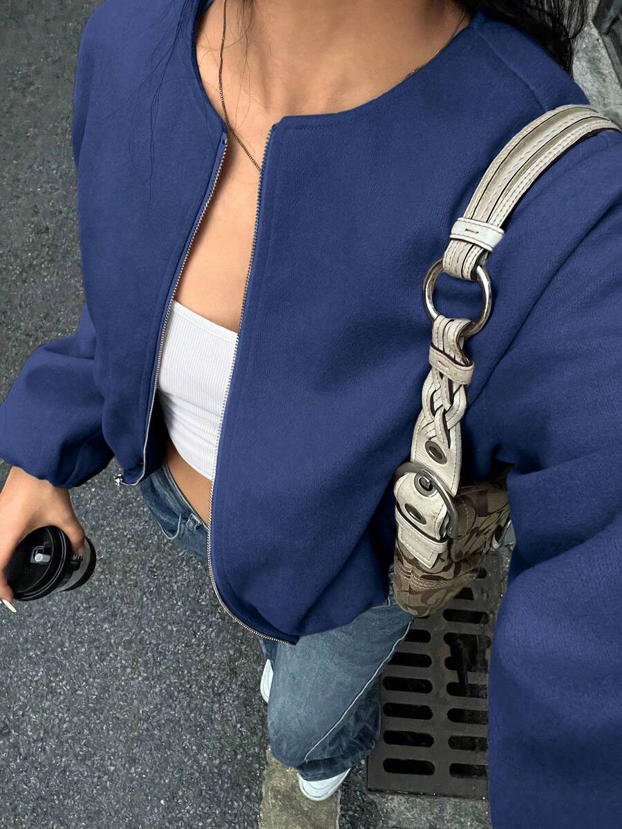 Chiquease Women's Solid Color Front Zipper Drop Shoulder Long Sleeve Short Jacket - Navy Blue - View 1