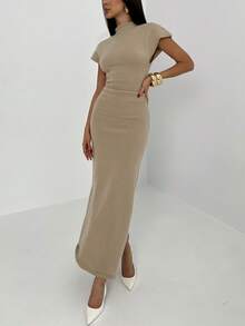 Aloruh New Elegant Spring Stand-Collar Knit Short-Sleeved Pleated Waist Pullover Midi Dress, Elegant Office Commuting Solid Color Apricot Simple Slim Fit Long Knit Dress For Women's Spring Holiday Wear, Afternoon Tea Date Wear. Tan Dress Women Mock Neck Dress Elegant Midi Dress Slim Dress - Khaki - View 5