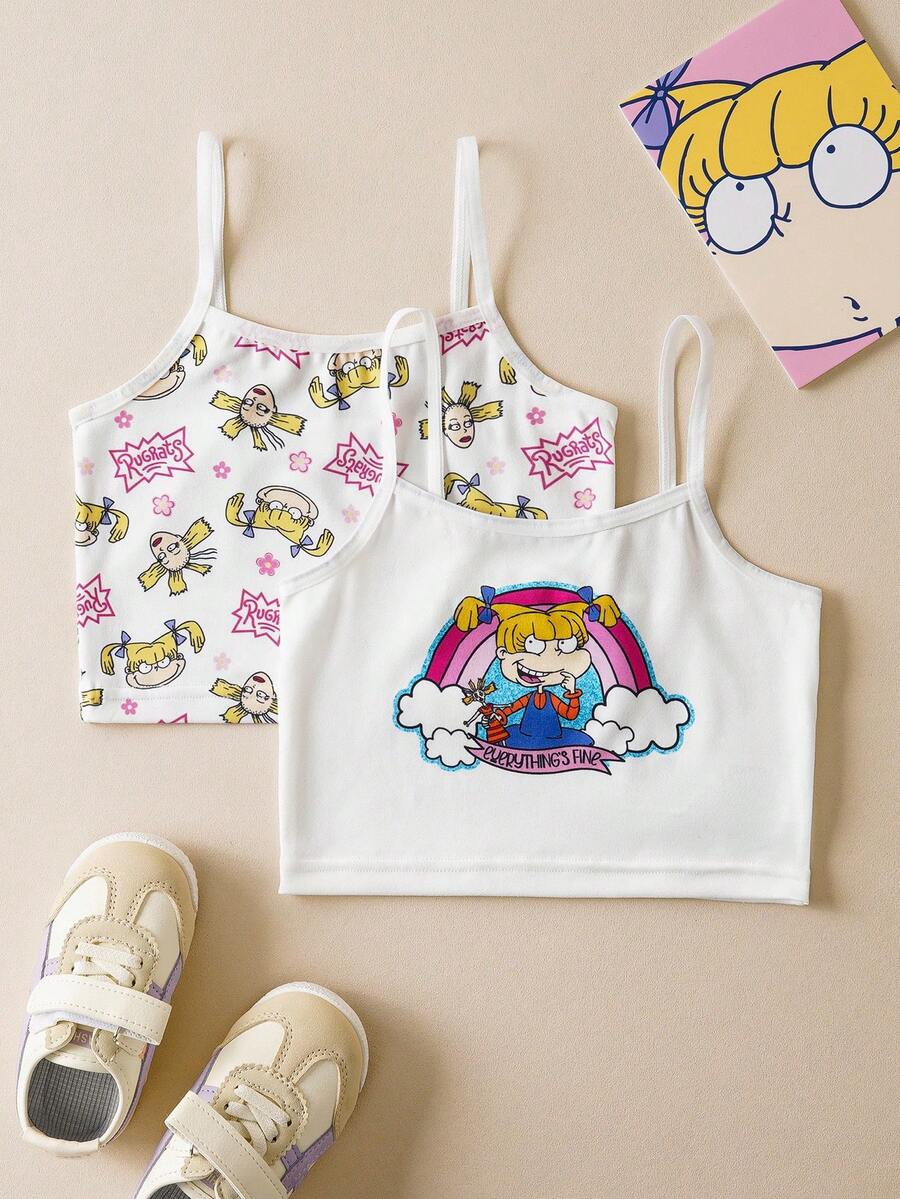Nick 90s | SHEIN 2pcs Young Girl Cartoon Figure Graphic Camisole & Undershirt Set - White - View 1