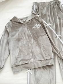 Genkimix Kids Fashionable Korean Style Tween Girls 2 Pieces Set, Includes Hooded Zipper Jacket With Ribbon Bow Decor And Loose Wide Leg Pants, Sporty Vibe, Autumn/Winter - Grey - View 5