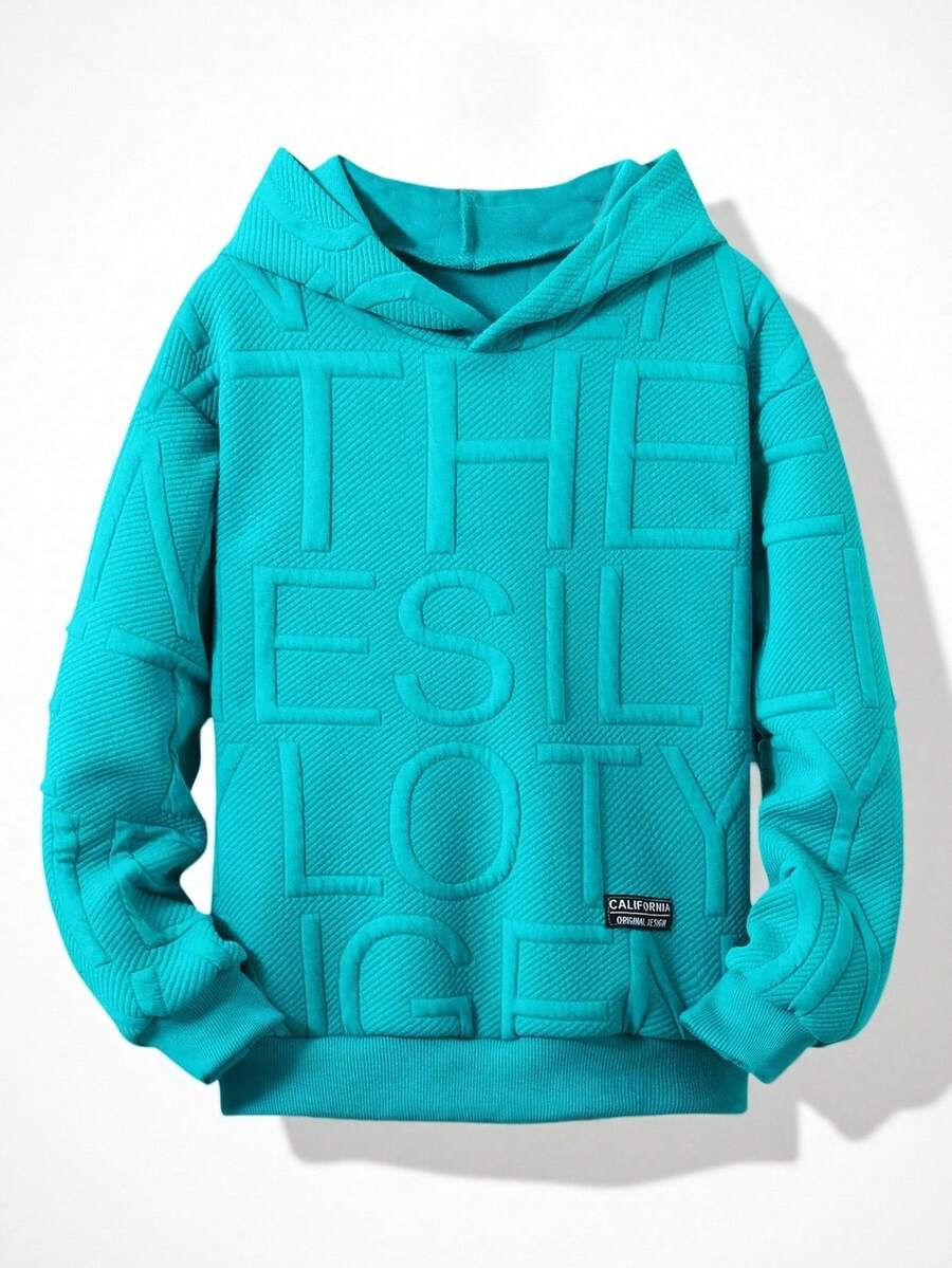 SHEIN Fantacosmos Boys' Casual Hooded Long Sleeve Textured Jacquard Fabric Sweatshirt, Early Autumn - Teal Blue - View 1