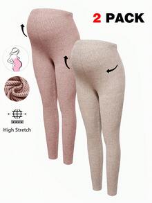 Modmama Pregnant Women's Solid Color Ribbed High Elasticity Casual Leggings - Pink - View 3
