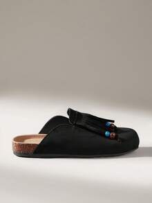 Solecia Femmes Casual Polyvalent Navette Minimaliste Franges Décor Flats Glissant - Noir - Voir 1