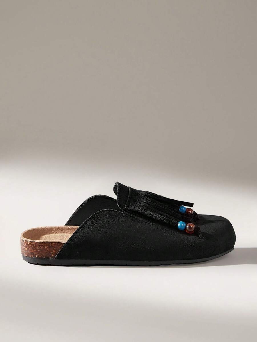 Solecia Femmes Casual Polyvalent Navette Minimaliste Franges Décor Flats Glissant - Noir - Voir 1