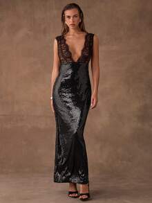 SHEIN BAE Women's Contrast Lace Deep V Neck Sequin Bodycon Sleeveless Dress,Spring, Summer Dress,Spring Outfit Women ,Summer Outfit For Women, Valentine's Day,Valentine Outfits For Women ,Elegant ,Vacation Outfits Women ,Summer Holiday Outfits ,Casual,Beach Outfit For Women, - Black - View 5