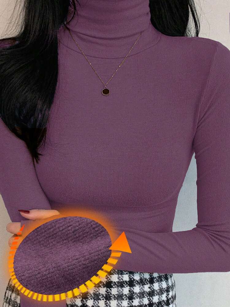 Women's Casual Solid Color Turtleneck Tight Fit Base Layer T-Shirt, Autumn/Winter