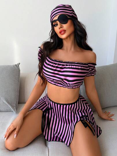 5-delars piratkostym inklusive topp, stringtrosa, veckad kjol, ögonmask, hatt för fest/filmrollspel